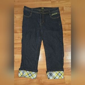 Girls Sz 14 South Pole Yellow Plaid Cuffed Crop Stretch Blue Jeans